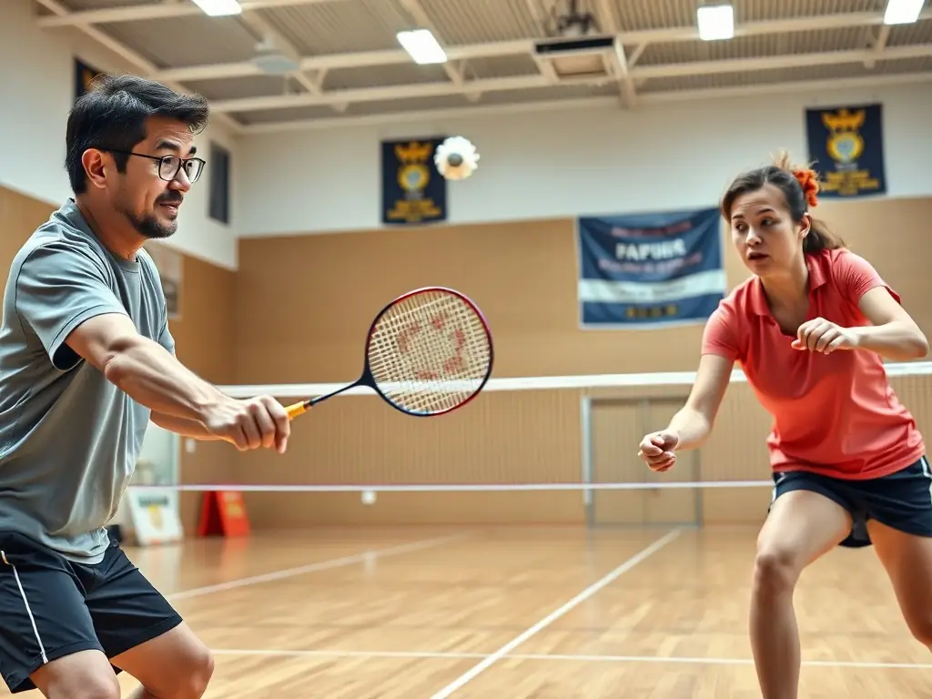 An action shot of adults playing a competitive game of badminton in an indoor court, showcasing speed and agility.