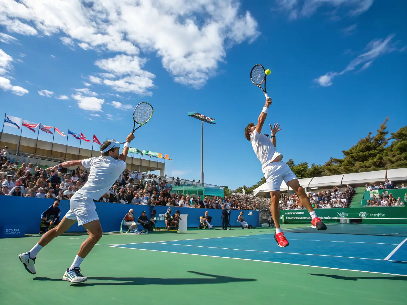A dynamic shot of a tennis match in progress, showcasing players of different ages and skill levels engaged in a friendly game on a sunny outdoor court at LA RAQUETTE CHAMPAGNACOISE.