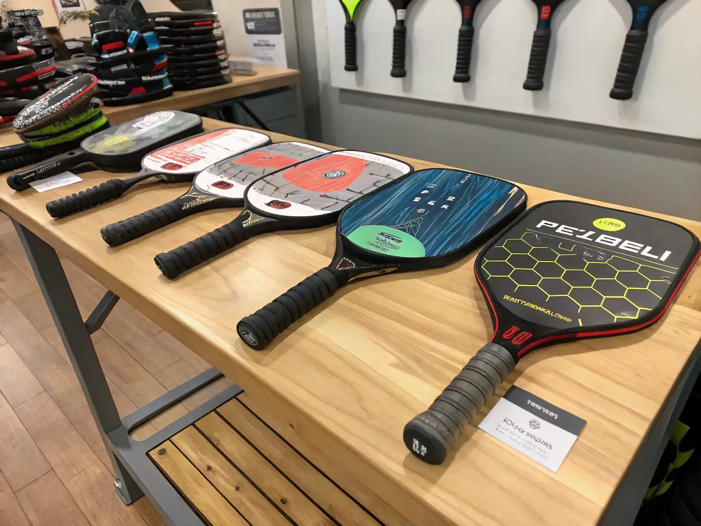A close-up image of pickleball paddles and a ball on a court, with blurred figures of players in the background, suggesting an active and inclusive pickleball session at LA RAQUETTE CHAMPAGNACOISE.