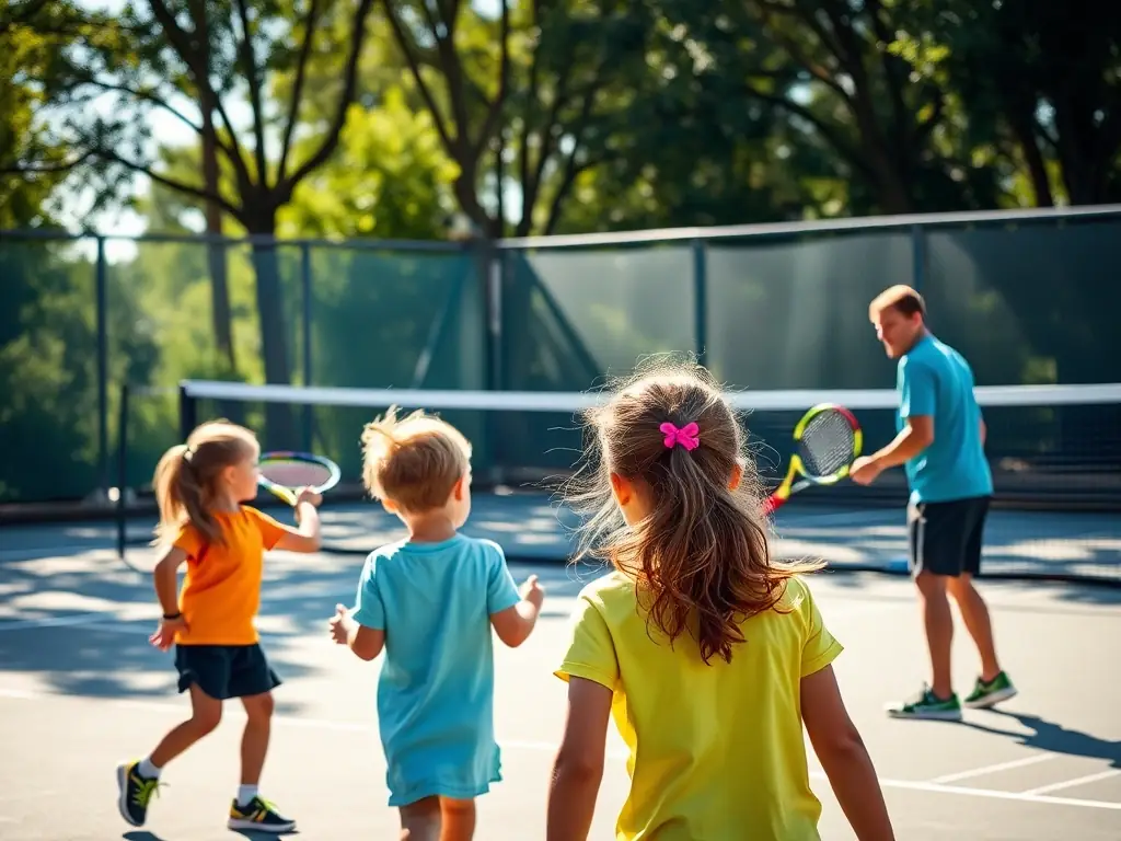 A vibrant image of children participating in a beginner's tennis lesson on an outdoor court, with a focus on fun and engagement.