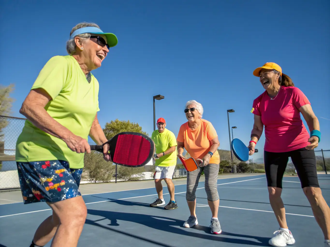 A group of seniors enjoying a friendly game of pickleball on a sunny day, emphasizing the accessibility and social benefits of the sport for older adults. The image conveys a sense of community and active aging.