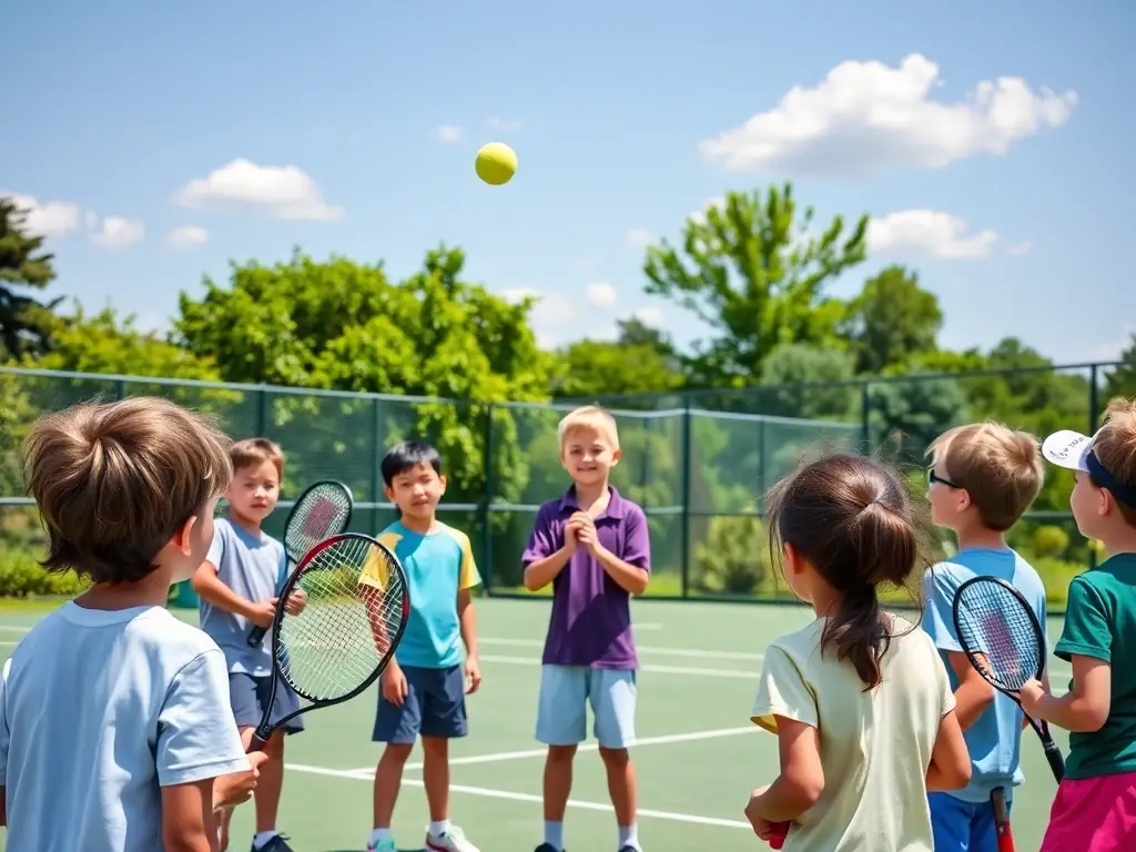 A vibrant image of children participating in a beginner's tennis lesson on an outdoor court, with a coach providing guidance and encouragement. The scene captures the energy and fun of learning racquet sports in a supportive environment.
