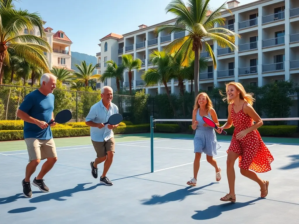 A group of seniors enjoying a friendly game of pickleball on a sunny day, emphasizing the social and health benefits of the sport.