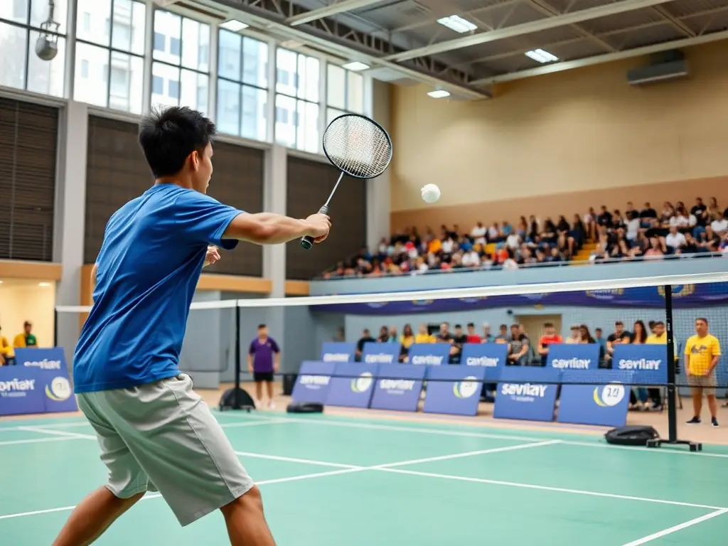An action shot of adults playing a competitive badminton match indoors, showcasing the speed and agility required for the sport. The image highlights the social and physical benefits of participating in badminton.