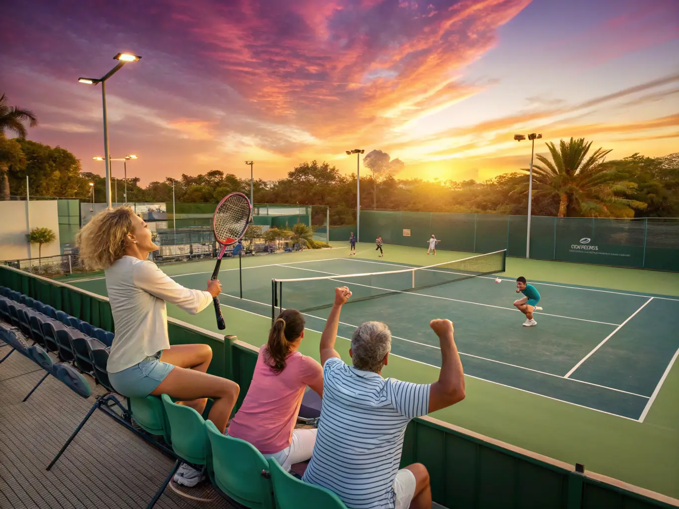 A community event with families participating in various racquet sports activities, emphasizing the organization's commitment to community well-being and social interaction.