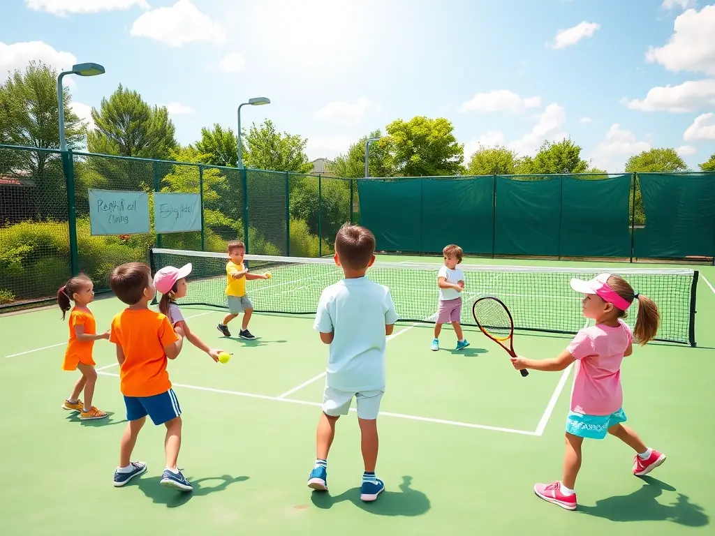 A group of children laughing and learning tennis from a coach on a sunny court, showcasing the fun and engaging atmosphere of LA RAQUETTE CHAMPAGNACOISE's youth programs.